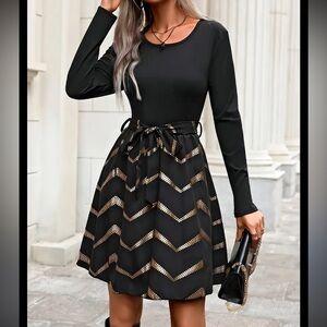 Elegant Navy Blue and Gold Chevron Dress